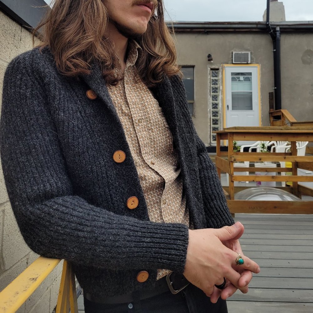60s Charcoal Blue Double-Knit Wool Sweater